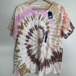 Lands' End Women's 1X SS Cotton Rib Crewneck Tie Dye T-shirt Multicolor NEW